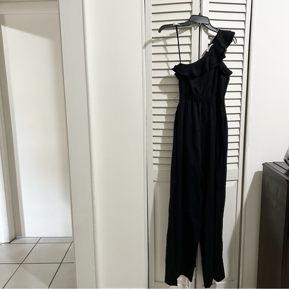 Ulla Johnson Demi Black Ruffle Twill One Shoulder Jumpsuit Size 0 Missing Belt - Picture 7 of 11